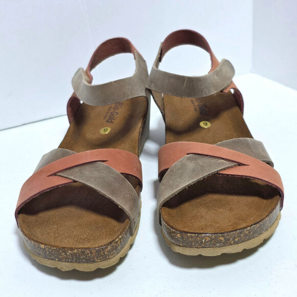 Bio-Gold Suede Leather Sandals Cork Wedge Ankle Strap Womens Size 9 Taupe Peach - Picture 5 of 14